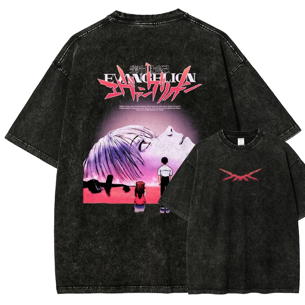 Neon Genesis Evangelion Anime Lover Washed T-shirt Year Round Clothing High Quality Personality Clothes Plus Size Unisex New Model Couples Tee