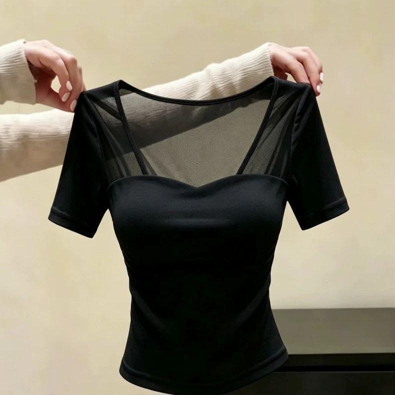 French pure desire style retro splicing gauze design square neck short-sleeved T-shirt women's summer new temperament top