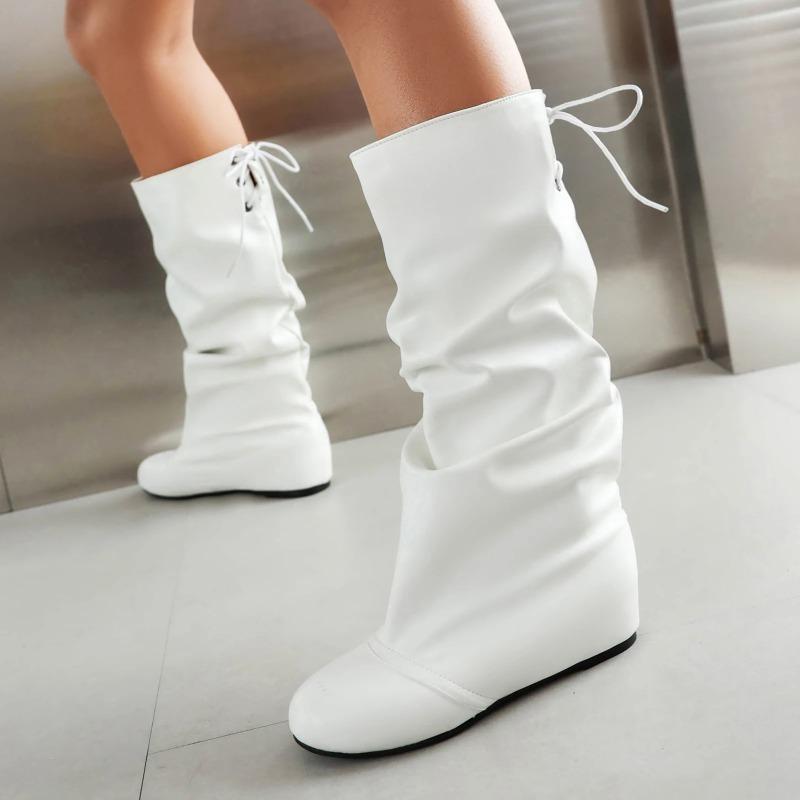 Ladies' Fashionable Solid Color Casual Boots with Pleated Detail Comfy Wedges Heels Slouch Boots Mid Calf Back Lace Up Shoes