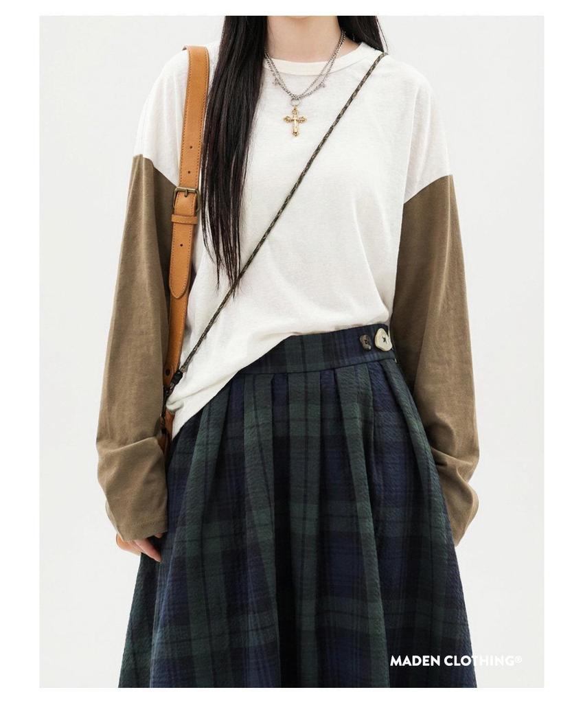 Maden Retro Cotton Gauze Plaid Maxi Skirt: Elastic Waist, Textured A-line Umbrella Design for Women