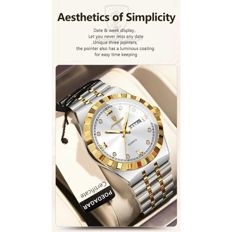 POEDAGAR Luxury Business Male Watch Waterproof Luminous Week Date Wristwatch Stainless Steel Trendy Quartz Watches for Men