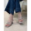 New rhinestone open-toed square head thick heel cool slippers women's shoes high-heeled sandals cover toe slippers