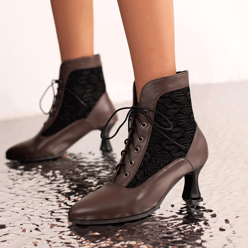 Fashion Women Victorian Pointed Toe Ankle Boots Leather Lace Hollow Out Punk Lace Up Strange Steampunk High Heel Shoes Plus Size 32-46