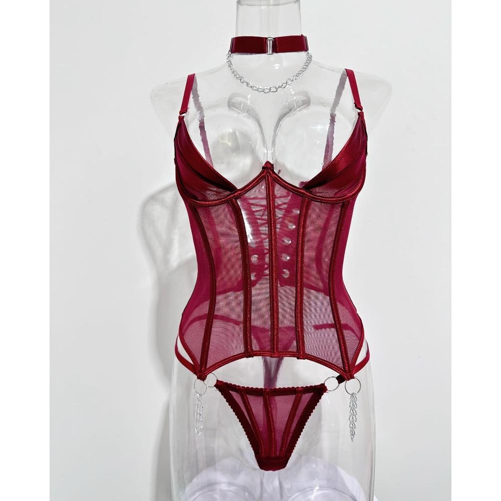Cross-border Burgundy Satin Underwired Corset Garter Belt Lingerie Set for Women