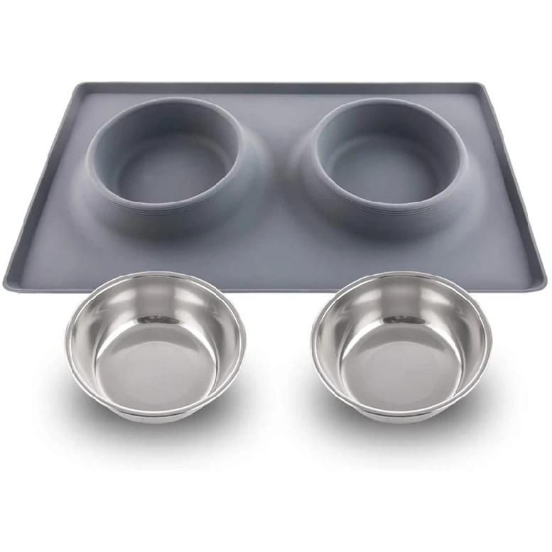 Benepaw Stainless Steel Double Dog Bowl With Silicone Mat Nontoxic Nonslip No Spill Pet Water Food Bowl Cat Puppy Feed Drinking