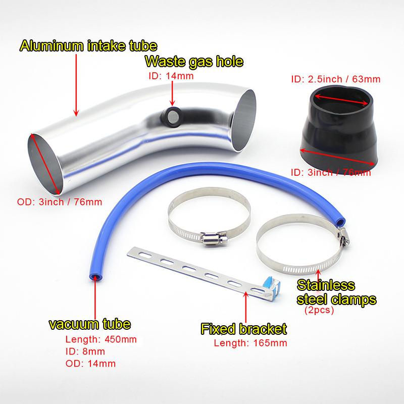 3" 76mm Universal Car Racing Cold Air Intake System Turbo Induction Pipe Tube Kit Cone High Flow Performace Air Filter Inlet
