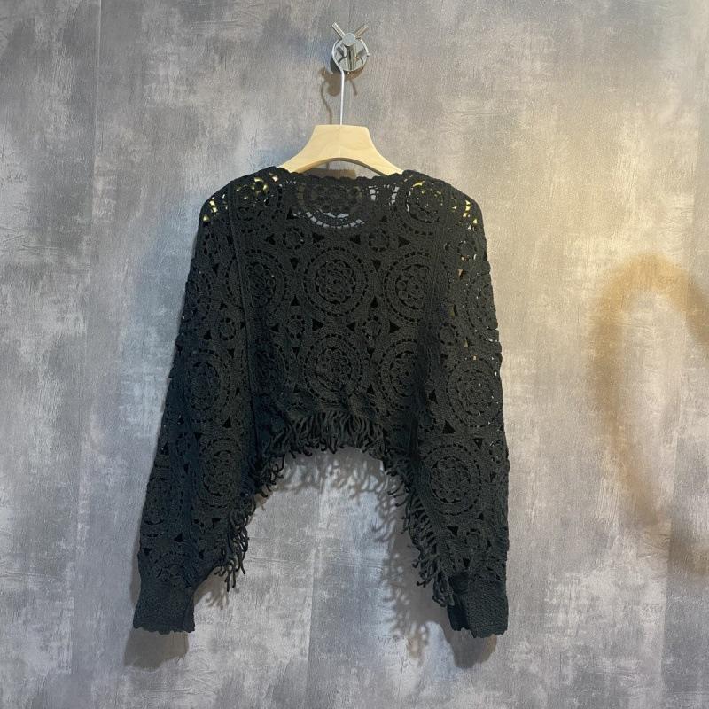 

Весенне-осенняя повседневная свободная вязаная блузка с круглым вырезом и цветочным принтом, с длинными рукавами и кисточками, модная винтажная блузка one size чёрный