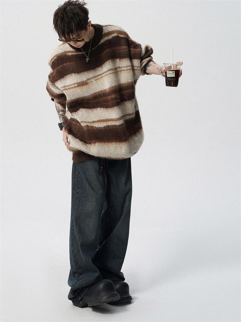 Unisex Mohair Round Neck Color Block Stripe Sweater - Autumn/Winter Casual Loose Fit