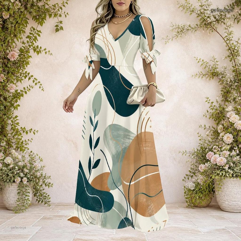 Women Plus Size V Neck Cold Shoulder Tie Cuffs Short Sleeve Black Beige Printed A Line Long Dress