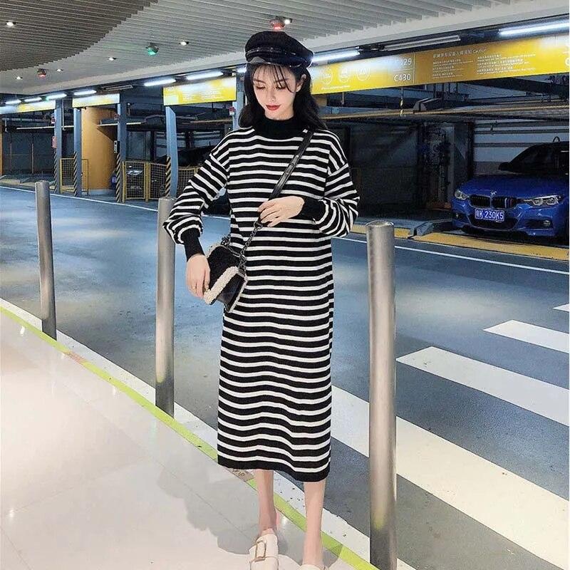 Rolák Pletené šaty Pruhované Dámské Svetr Dlouhý rukáv Volný Rozdělený Spodní Šaty Dojíždění Harajuku Podzim Zima