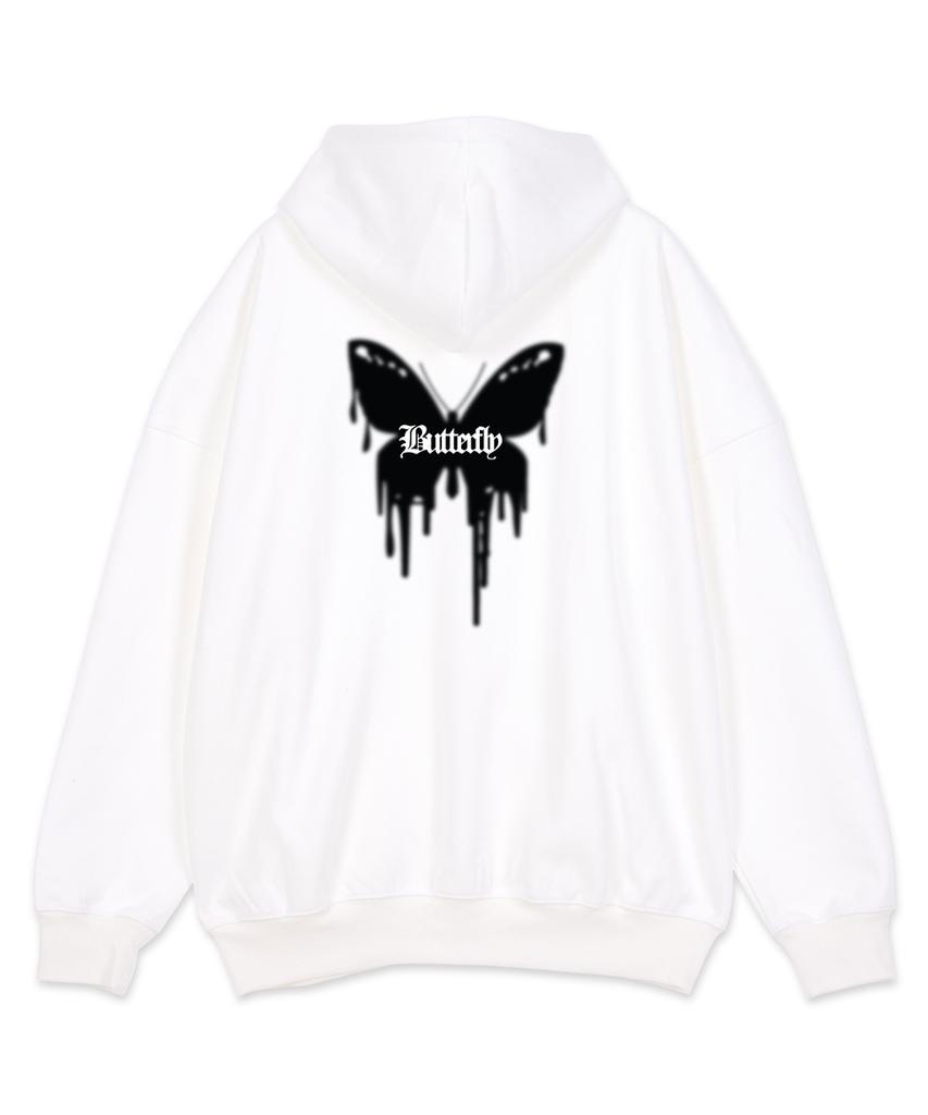 Astral Projection Butterfly Oversized Wide Shoulder Zip-Up Hoodie_White