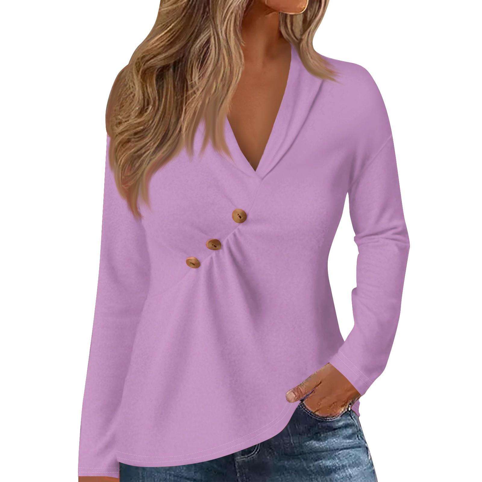 

Женская футболка однотонная с V-образным вырезом на пуговицах и оборками, длинный рукав L