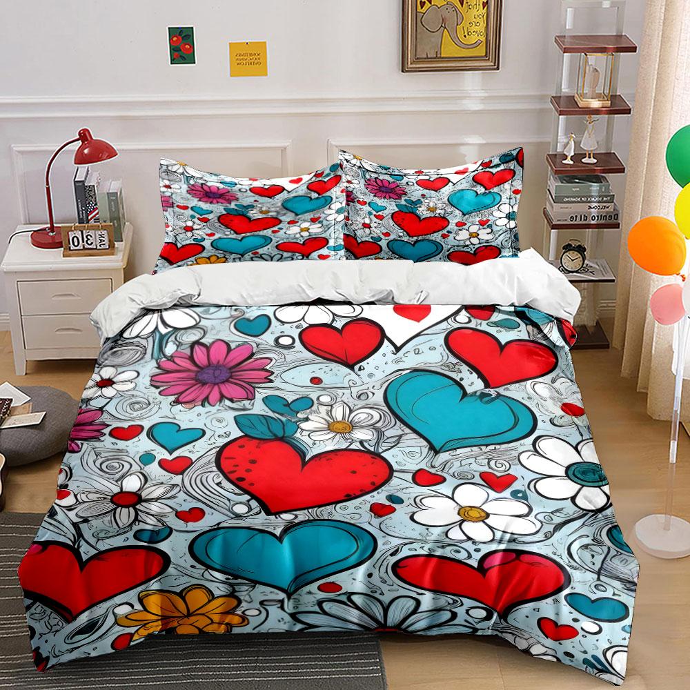 Floral Heart Romantic Decor Set Soft Comfortable Duvet Cover Bedding Set Included 1*Duvet Cover & 2*Pillowcases, Gift