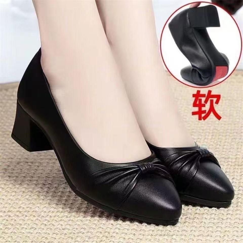 Spring shallow mouth foot cover low-top shoes medium heel leather shoes comfortable integrated heel shoes