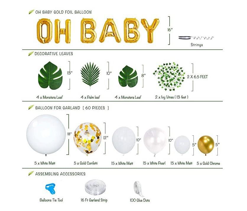 Gold Oh Baby Aluminum Film Balloon, Grape Leaf Decoration, White Birthday Confession Balloon Arch Bridge Kit