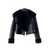 Womens Black Faux Leather Collarless Biker Jacket Thick Warm Short Winter Coat Loose Fit