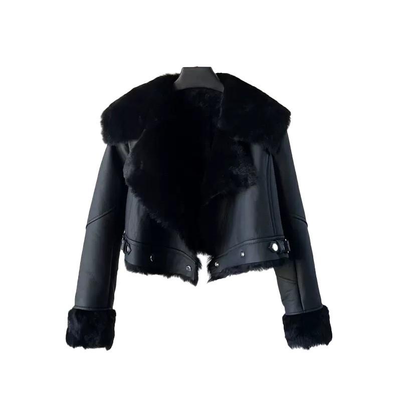 Womens Black Faux Leather Collarless Biker Jacket Thick Warm Short Winter Coat Loose Fit