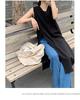 2025 Summer Sleeveless V-neck Linen Cotton Over-the-Knee Dress for Women - Solid Color, Simple Slit Design