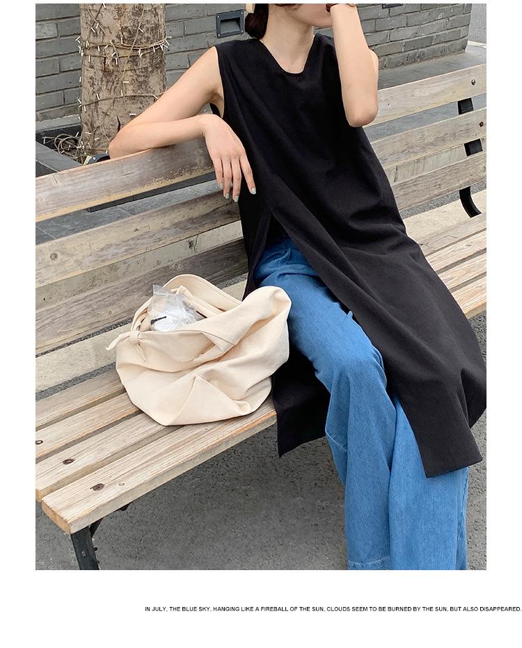 2025 Summer Sleeveless V-neck Linen Cotton Over-the-Knee Dress for Women - Solid Color, Simple Slit Design