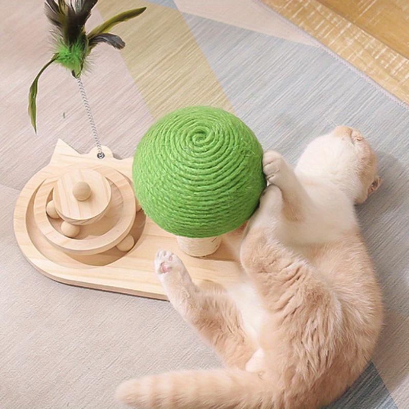 Non-toxic Wooden Turntable Cat Toy - Pine Wood Scratch Pad with Sisal Ball and Teaser Wand, Durable and Fun