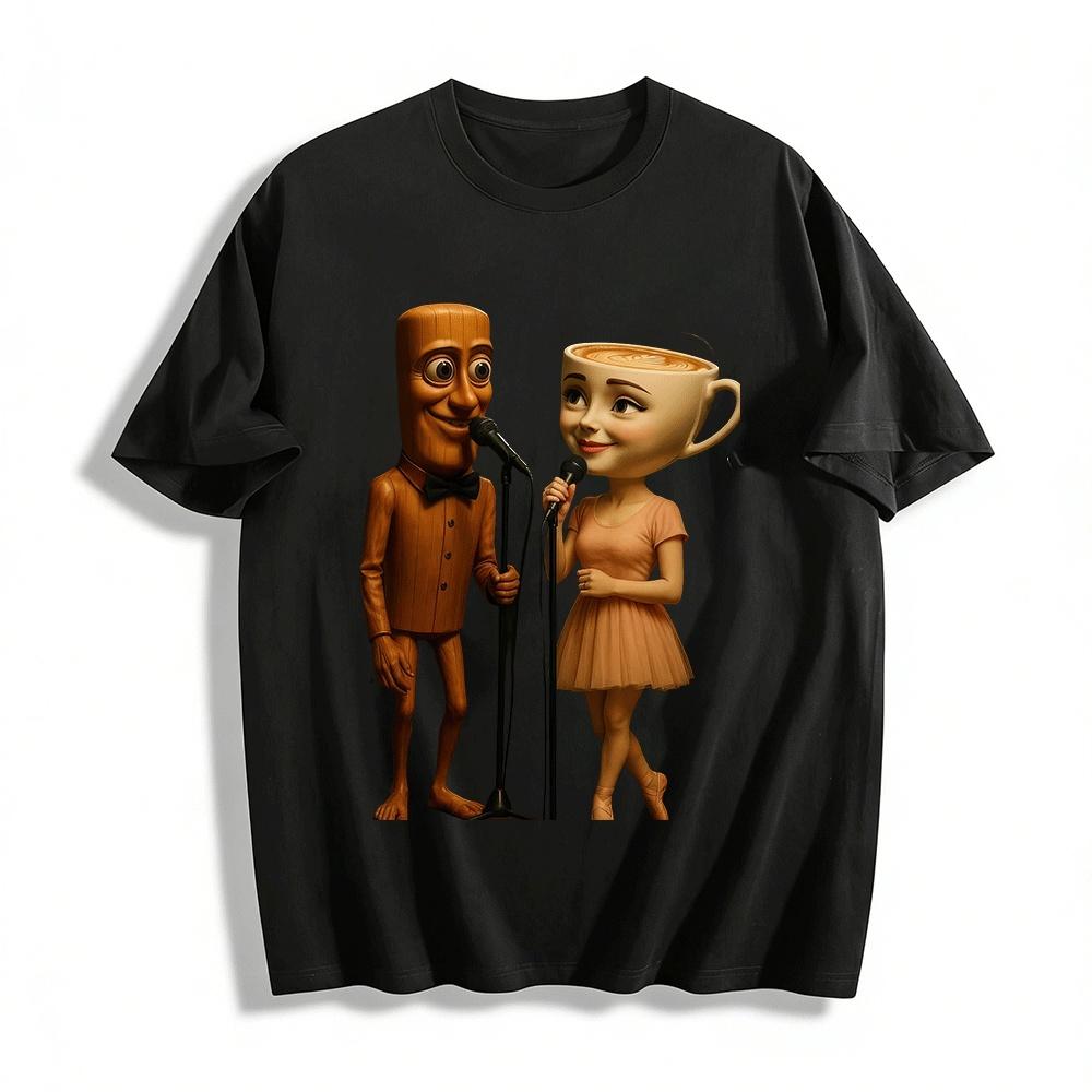 Funny Anthropomorphic Coffee Cup Breadman Duet Print Casual Top Pure cotton T-shirt XXS