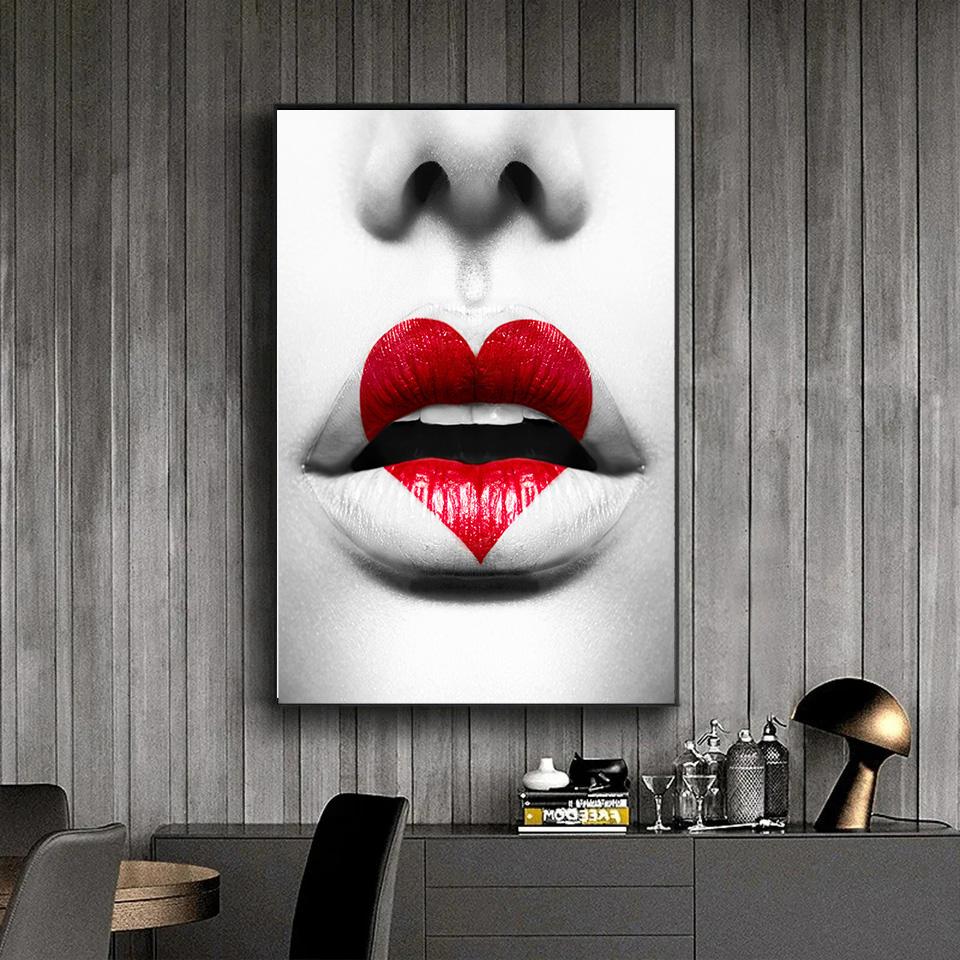 Wandkunst Bedruckte Leinwand Mädchen Rote Lippen Wandbilder Frauenfigur Poster Gemälde Wohnzimmer Zuhause Bilder Dekoration Cuadros