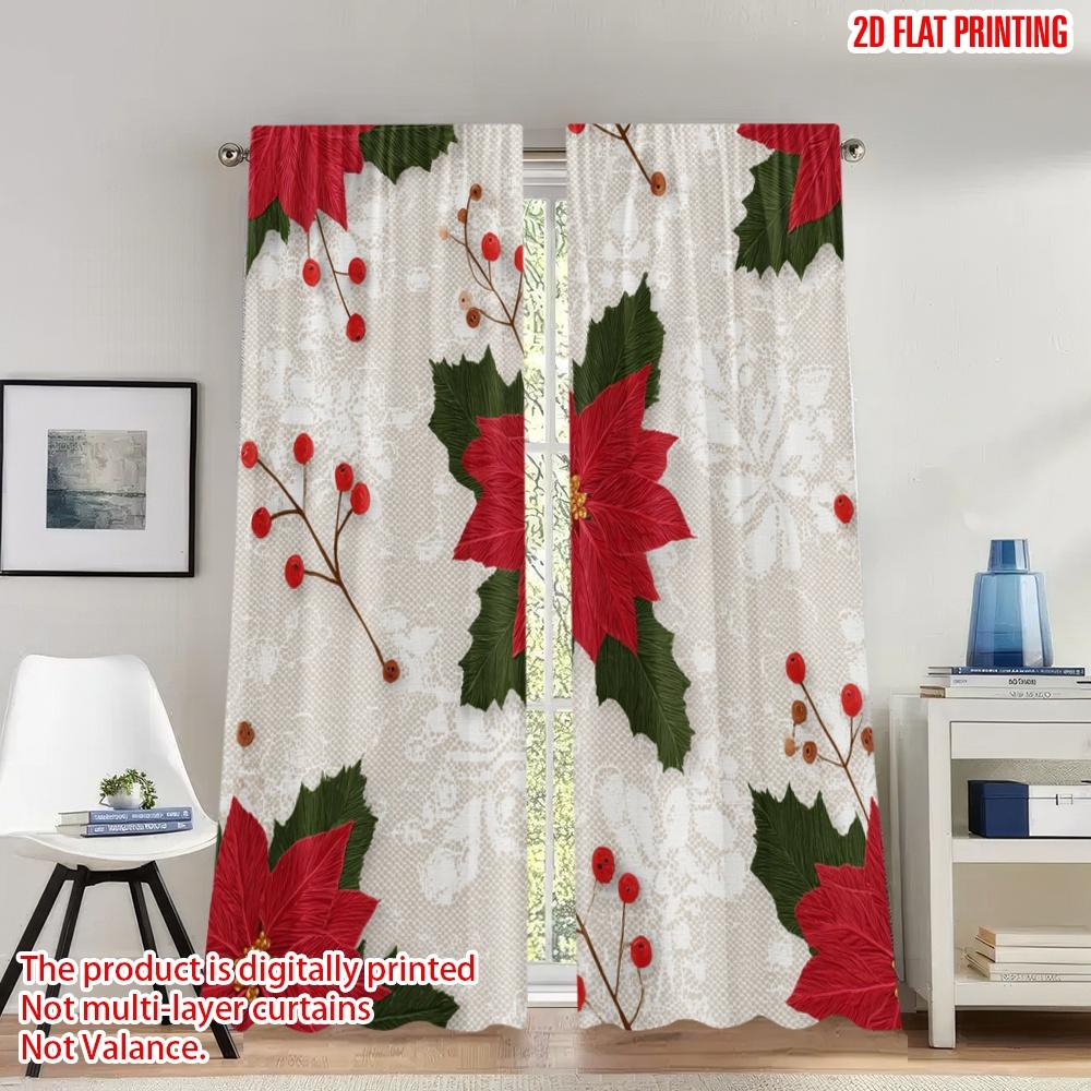 

2pcs 2D flat printing Merry Christmas Party Curtains Christmas Poinsettia Holly Berries_e Digital Printed Polyester Drapes 100*130 Grommet Top 1pcs