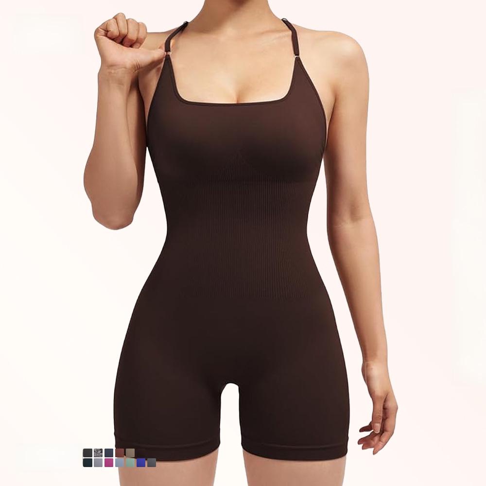 Nahtloser Yoga-Anzug mit Brustpolster - Damen Einteiler Fitness-Shorts & Schönes Rückendesign