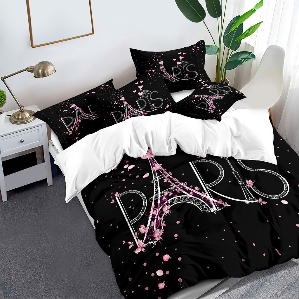 Eiffel Tower Print Washable Microfiber Bedding Set Soft Comfortable Duvet Cover For Bedroom1*Duvet Cover +2*Pillowcase