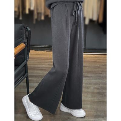Autumn Winter High Waist Wide Leg Pants Mid-Seam Knitted Trousers Drawstring Waist Belted Floor-Length Pure Color Versatile