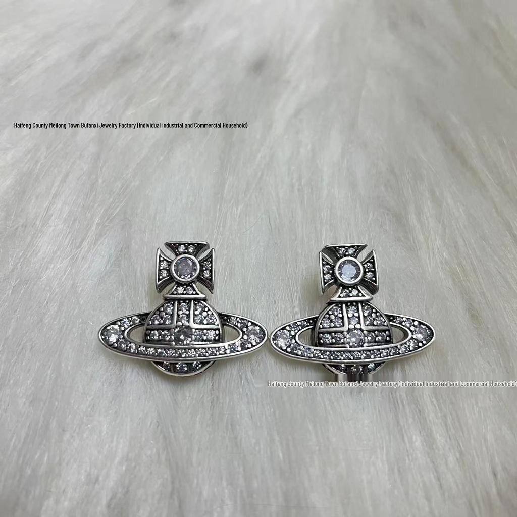 Empress Dowager Cixi Vintage Punk-Style Jewelry Set: Diamond Saturn Chain Necklace, Bracelet & Stud Earrings