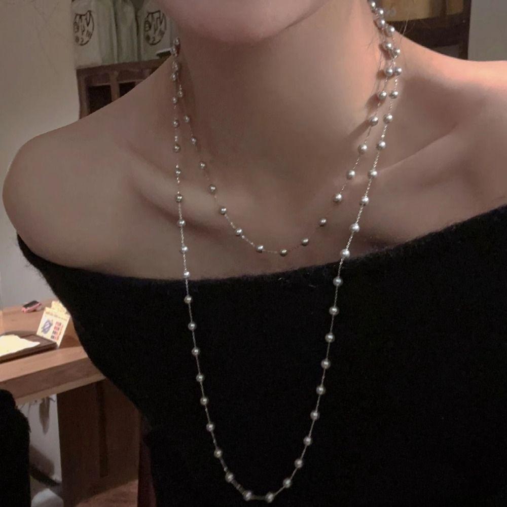 Fashion Long Pearl Necklace Simulated Pearl Collarbone Chain Elegant Sweater Chain  Dress