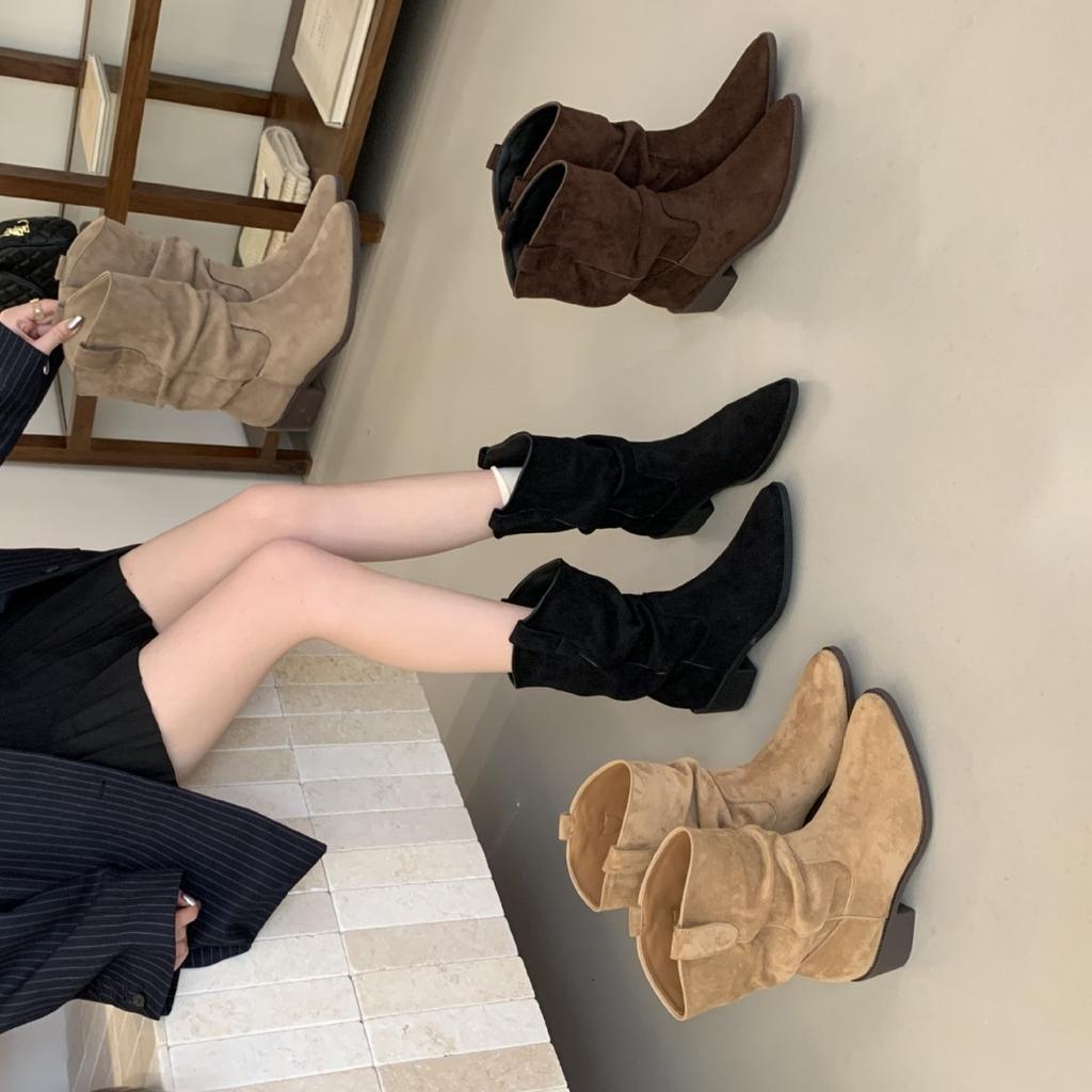 French retro suede stacking boots western cowboy boots women's 2025 autumn and winter new thick heel medium boots versatile short boots