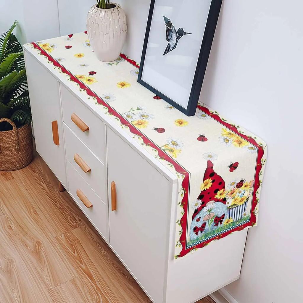 Spring Gnome Ladybird Flowers Linen Table Runner Dresser Scarves Table Decor Farmhouse Kitchen Dining Table Runner Party Decor