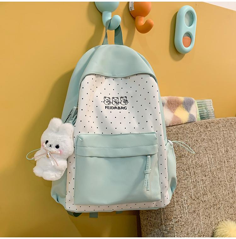 Schoolbag Fog Island Milk White Mint Bear Polka Dot Splicing School Bag Student Party Soft and cute Vitality Wind Versatile Street Backpack