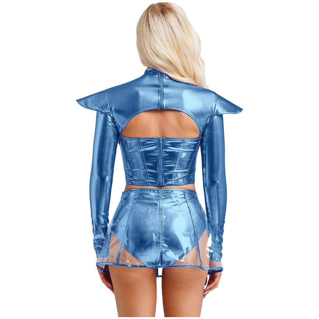 Womens Alien Costume Long Sleeve Hollow Out Cropper Top Transparent Skirt Space Themed Club Wear Outfit