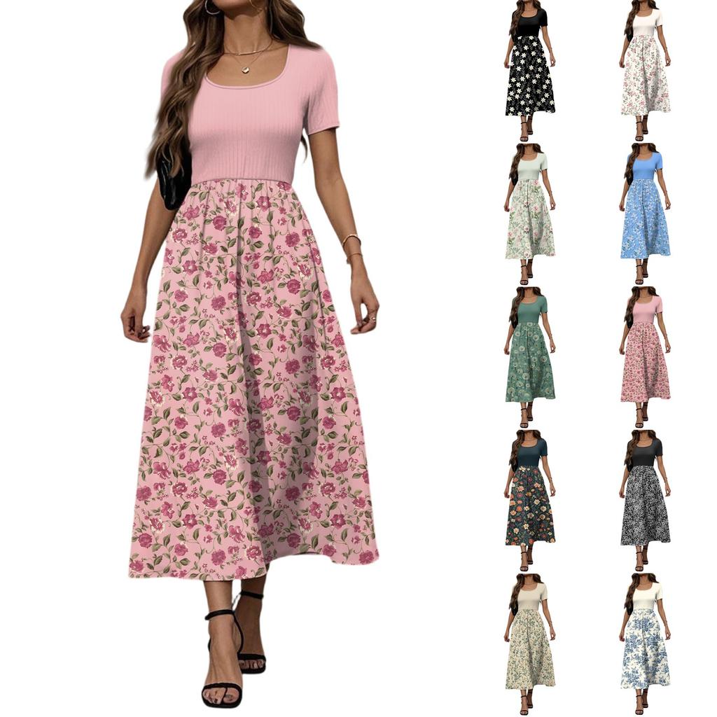 Women's Fashion Casual Short Sleeve Round Neck Splicing Floral Print Elegant Temperament Dress