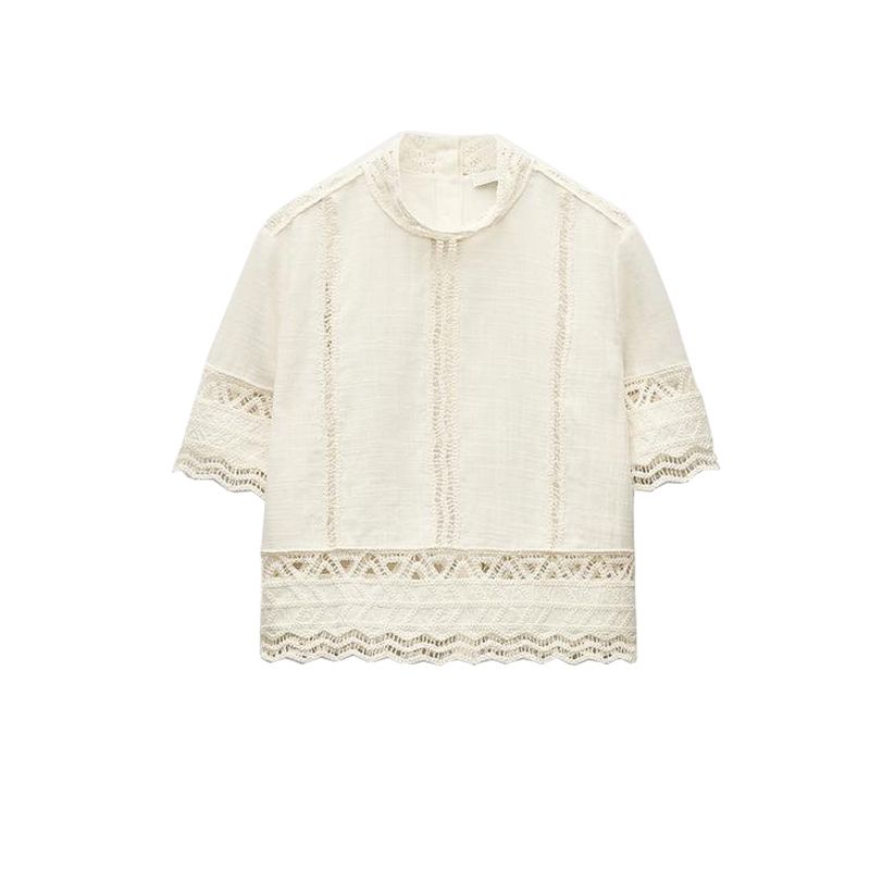 Women's Stand Collar Crocheted Detail Short Sleeve Shirt 2731043 Crocheted All-Matching Comfortable Skirt 2731044