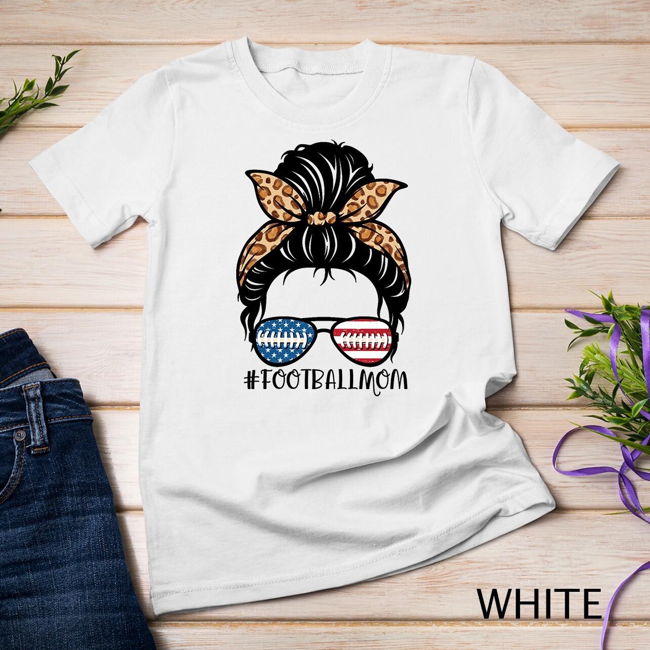 American Flag Football Mom Shirt Leopard Messy Bun Player US Unisex T-Shirt Mens Womens Tees Top L