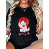 Oversize Women's Short-Sleeve T-Shirt with Red & White Maneki-neko Text and Cherry Blossom Decor Print