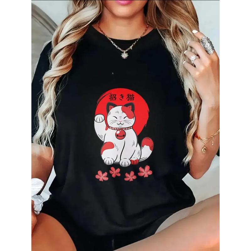 Oversize Women's Short-Sleeve T-Shirt with Red & White Maneki-neko Text and Cherry Blossom Decor Print
