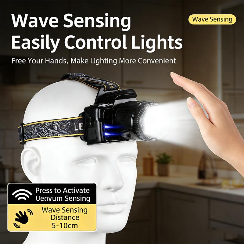 Multifunctional Sensing Powerful LED Headlamp Rotate Telescopic Zoomable Head Torch Outdoor Waterproof Rechargeable Fishing Camping Portable Headlight