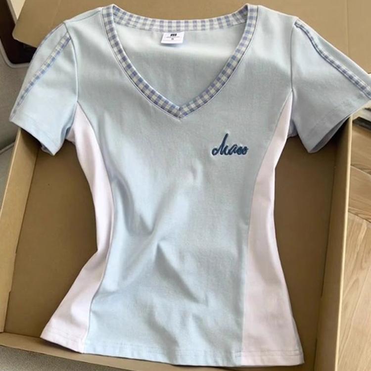 Women's Cotton T Shirt Summer V-Neck Slim Casual T-Shirts for Women Harajuku Short Sleeve Letter Embroidery Pullover Y2k Tops Female
