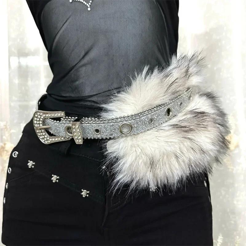 Punk PU Studded Fur Belt Y2k Vintage Faux Fur Rhinestone Patchwork Belt Metal Plush Waist Chain Furry Waistband Jeans Belts