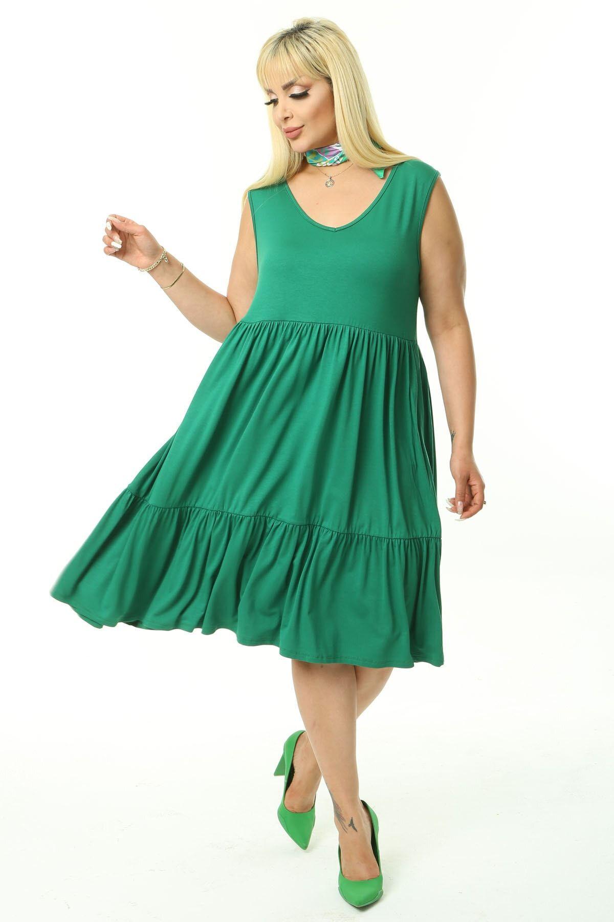 

Women s Big Size Dress Green Plus Size Layered Dress XL/2XL