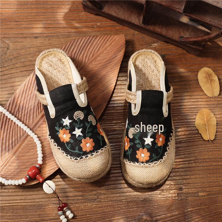 2025 Embroidered Flat Heel Women's Linen Shoes - Spring/Summer/Autumn, Shallow Mouth, National Style
