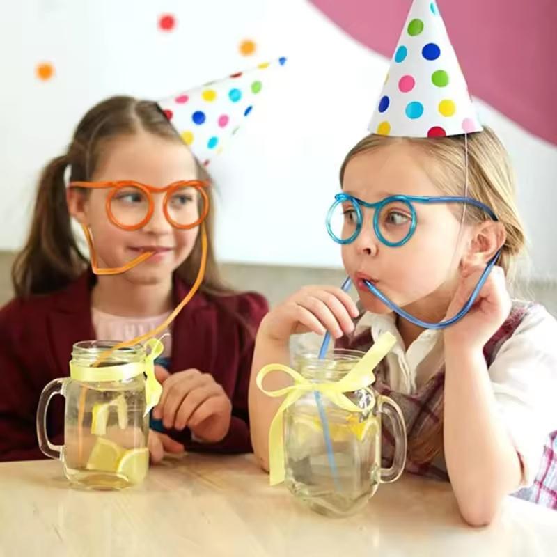 1 PC Fun Soft Plastic Straw Funny Glasses Flexible Drinking Toys Party Joke Tube Tools Kids Baby Birthday Toys Plastic Straws
