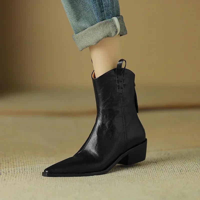 Fashion 2025 Autumn/winter Women Boots Genuine Leather Western Boots Women Shoes Pointed Toe Chunky Heel Chelsea Boots Retro Ankle Boots