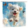 Cute White Puppy Shower Curtain - Running With Butterflies & Clouds, 71X71 Inch Polyester, Hand Wash, Summer Bathroom Decor