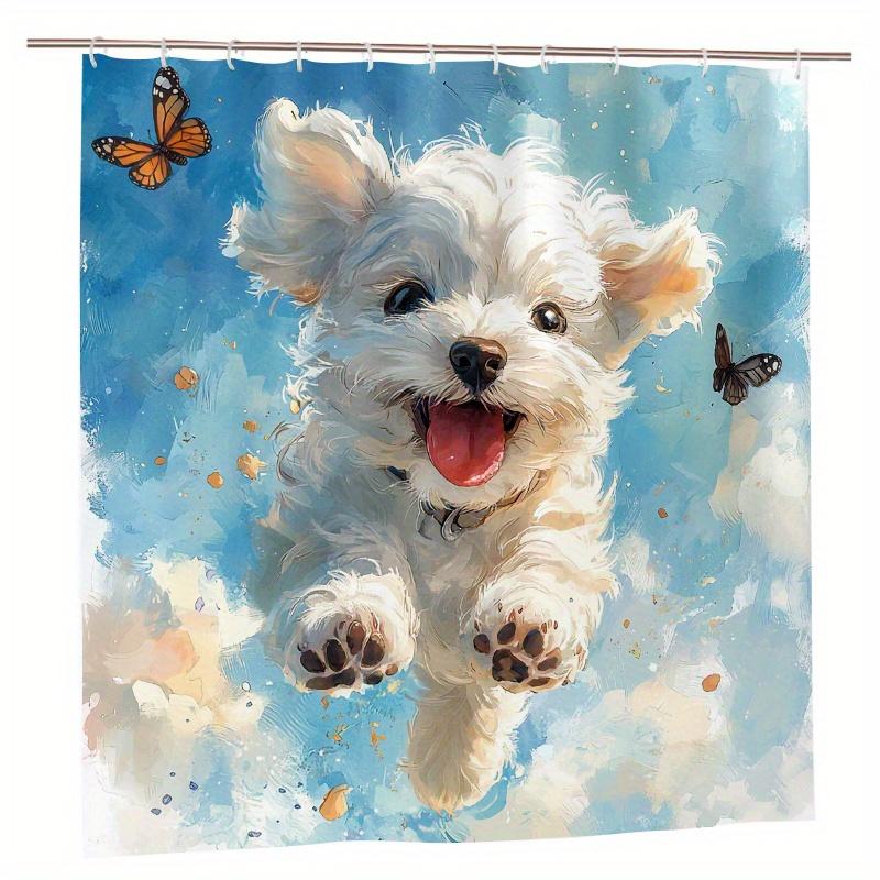Cute White Puppy Shower Curtain - Running With Butterflies & Clouds, 71X71 Inch Polyester, Hand Wash, Summer Bathroom Decor